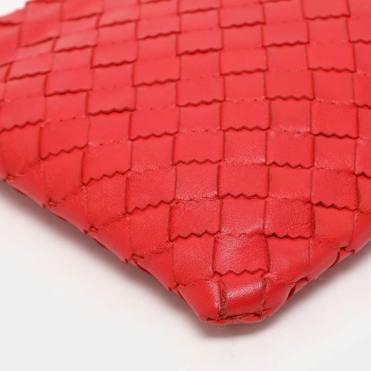 Pre Owned Bottega Veneta Red Intrecciato Leather Zip Pouch