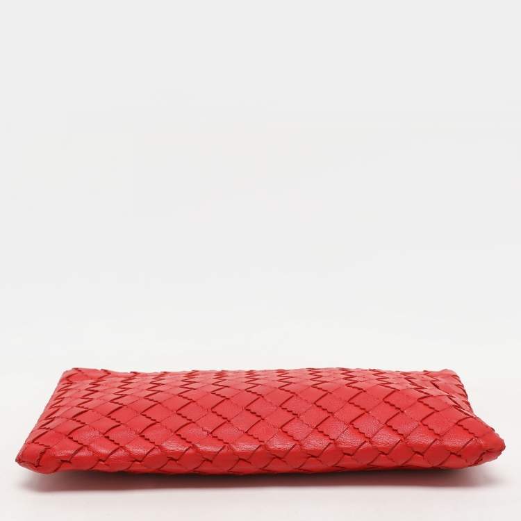Pre Owned Bottega Veneta Red Intrecciato Leather Zip Pouch
