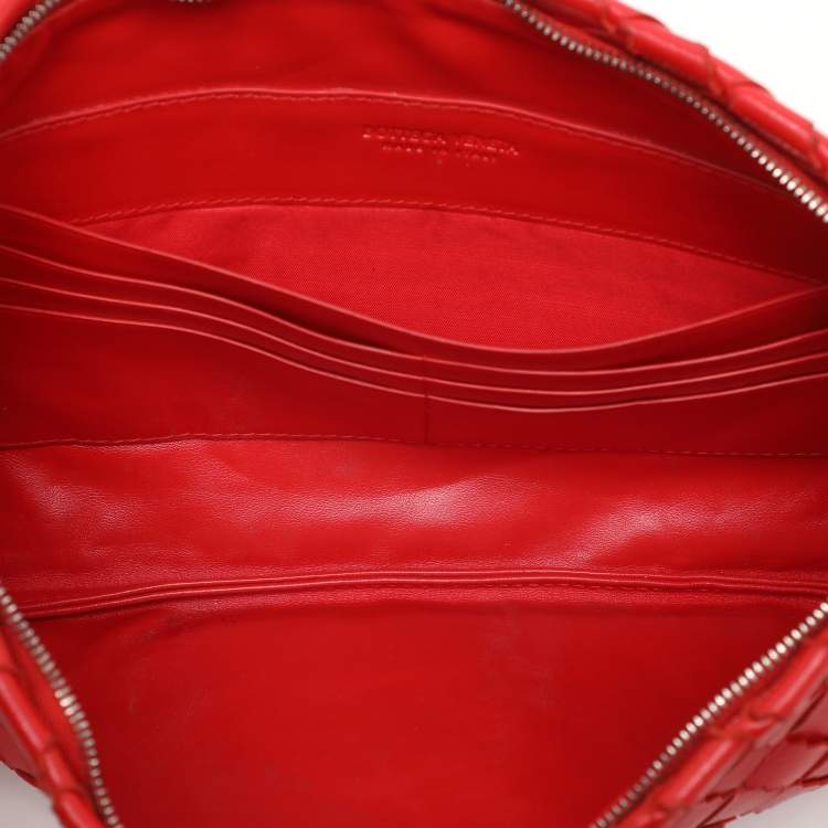 Pre Owned Bottega Veneta Red Intrecciato Leather Zip Pouch