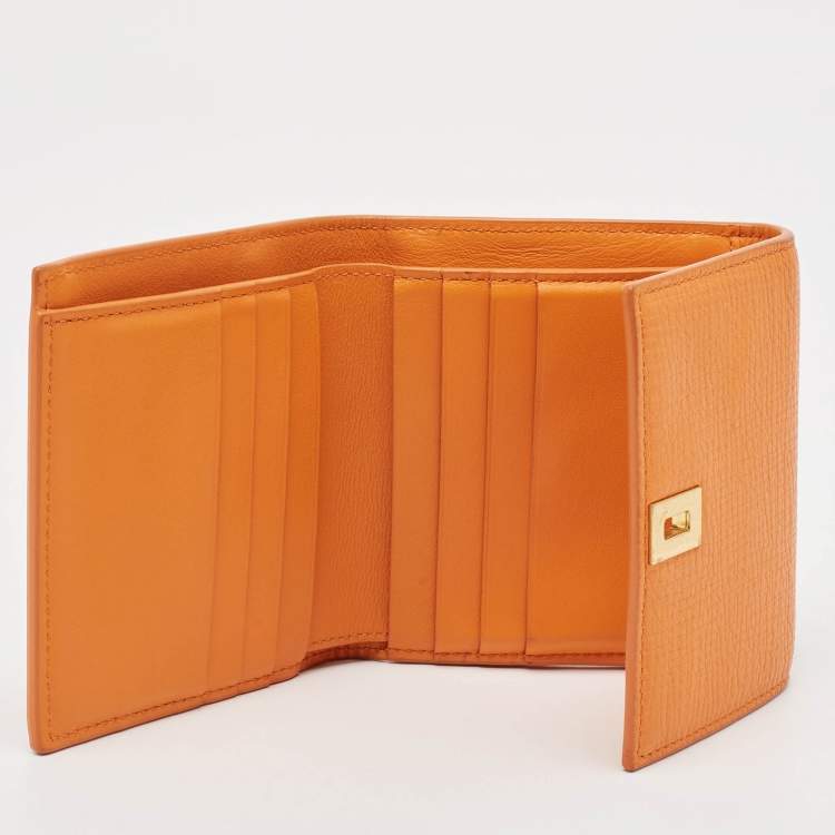 Pre Owned Bottega Veneta Orange Leather Palmellato Trifold Wallet