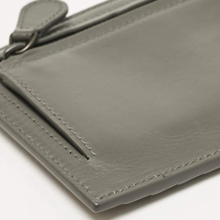 Pre Owned Bottega Veneta Grey Intrecciato Leather Zip Card Holder