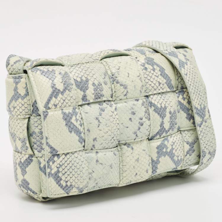 Pre Owned Bottega Veneta Light Turquoise/Blue Python Embossed Leather Padded Cassette Shoulder Bag