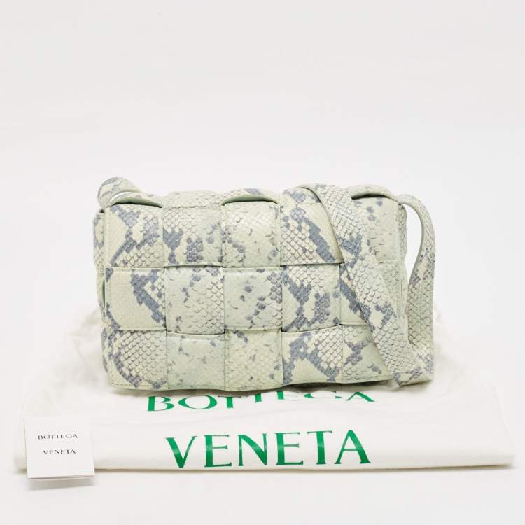 Pre Owned Bottega Veneta Light Turquoise/Blue Python Embossed Leather Padded Cassette Shoulder Bag