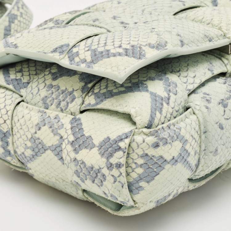 Pre Owned Bottega Veneta Light Turquoise/Blue Python Embossed Leather Padded Cassette Shoulder Bag