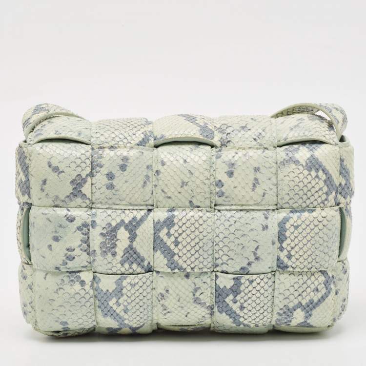 Pre Owned Bottega Veneta Light Turquoise/Blue Python Embossed Leather Padded Cassette Shoulder Bag
