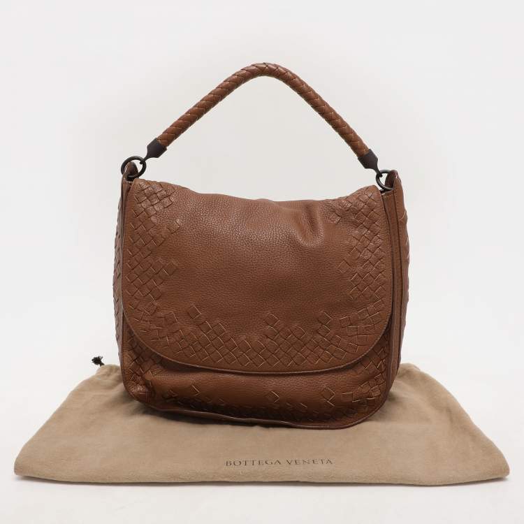 Pre Owned Bottega Veneta Brown Intrecciato Leather Flap Hobo