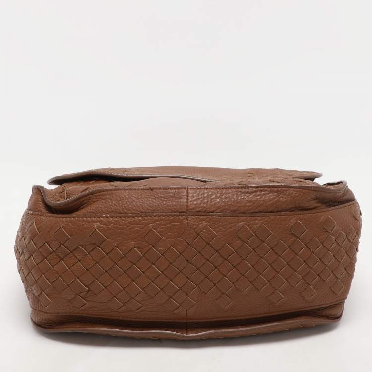Pre Owned Bottega Veneta Brown Intrecciato Leather Flap Hobo