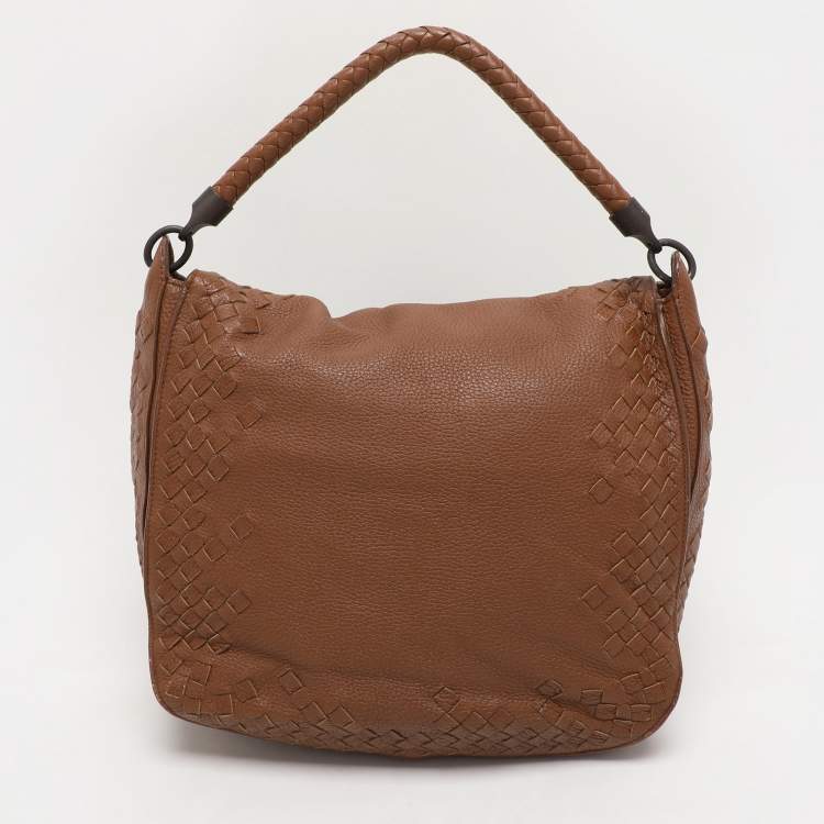Pre Owned Bottega Veneta Brown Intrecciato Leather Flap Hobo