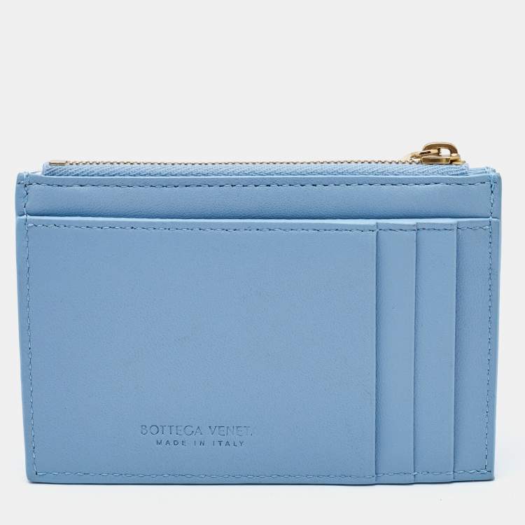 Pre Owned Bottega Veneta Light Blue Leather Cassette Zip Card Holder