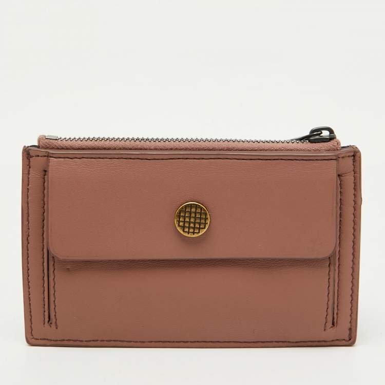Pre Owned Bottega Veneta Dusty Pink Leather Intrecciato Zip Card Case