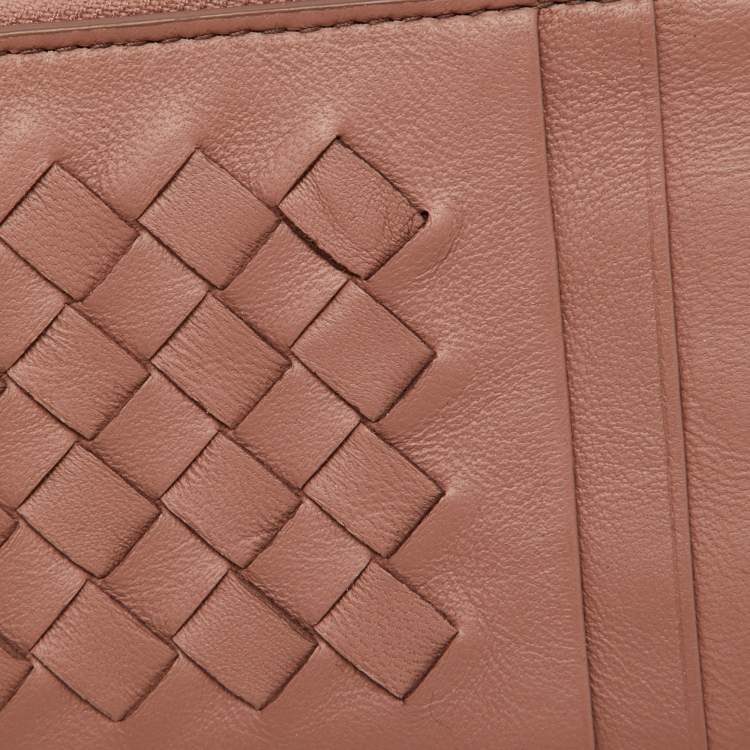 Pre Owned Bottega Veneta Dusty Pink Leather Intrecciato Zip Card Case