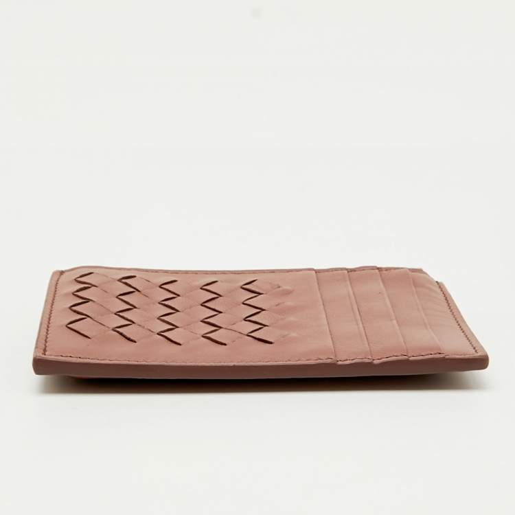 Pre Owned Bottega Veneta Dusty Pink Leather Intrecciato Zip Card Case