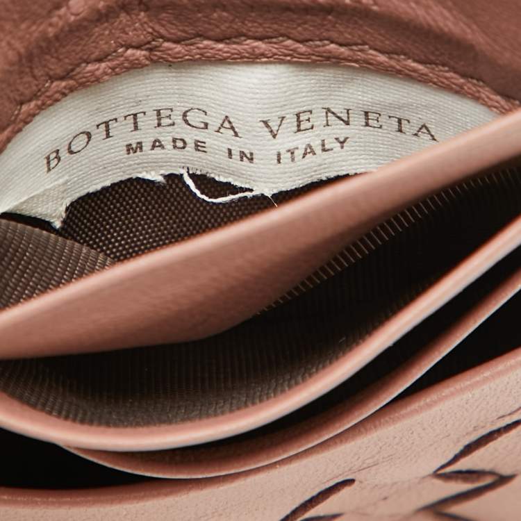 Pre Owned Bottega Veneta Dusty Pink Leather Intrecciato Zip Card Case