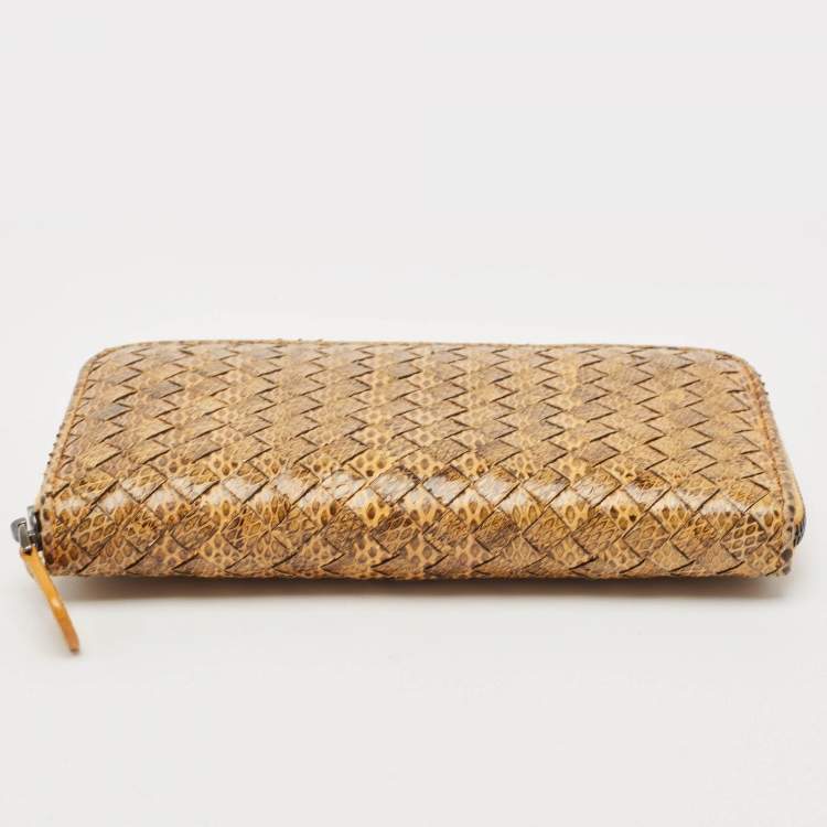 Pre Owned Bottega Veneta Orange/Black Karung Leather Zip Continental Wallet
