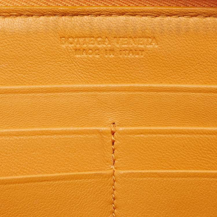 Pre Owned Bottega Veneta Orange/Black Karung Leather Zip Continental Wallet