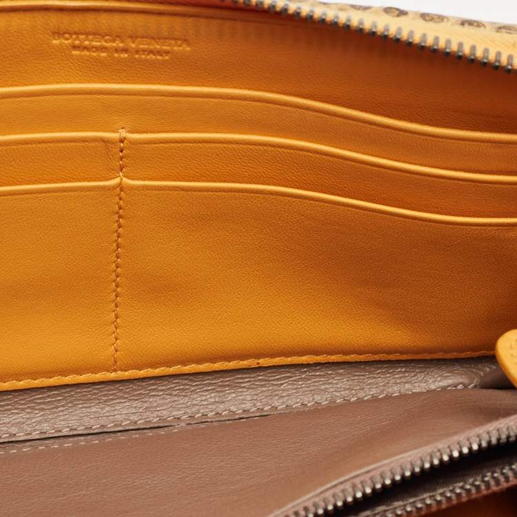 Pre Owned Bottega Veneta Orange/Black Karung Leather Zip Continental Wallet