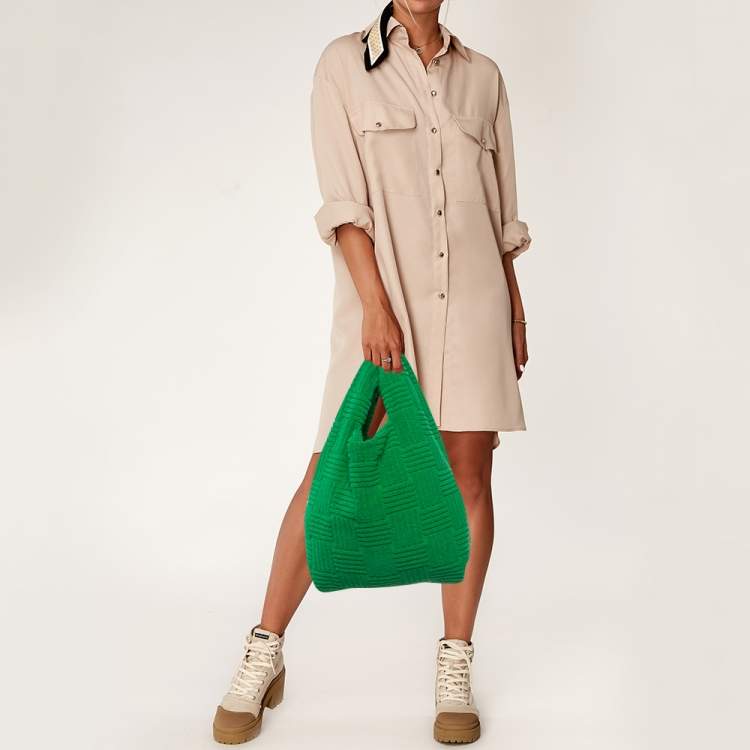 Pre Owned Bottega Veneta Green Intreccio Jacquard Terry Cloth Tote
