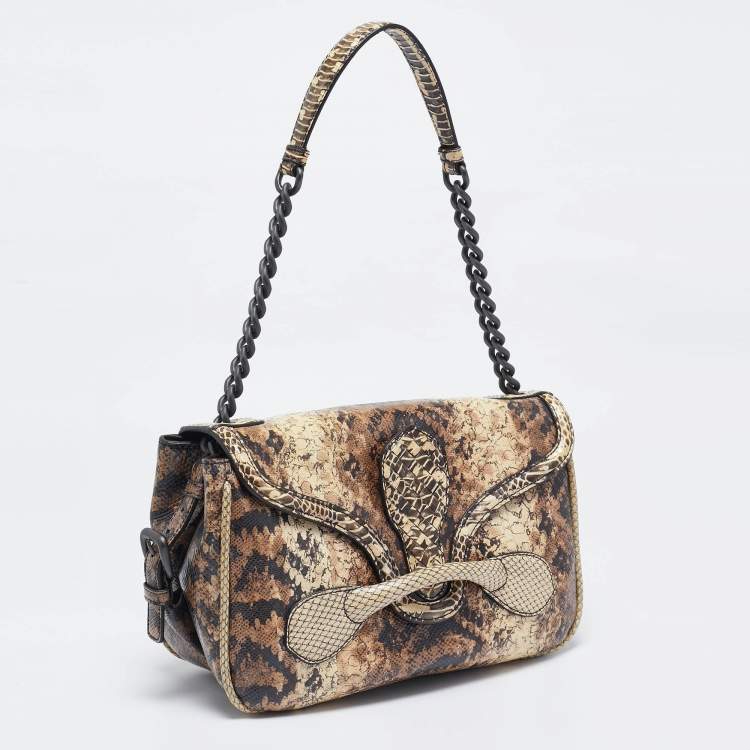 Pre Owned Bottega Veneta Cream/Brown Python Rialto Shoulder Bag