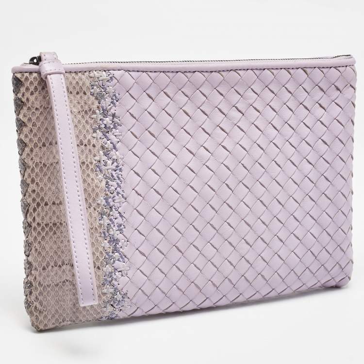 Pre Owned Bottega Veneta Lavender Ayers and Leather Wristlet Clutch