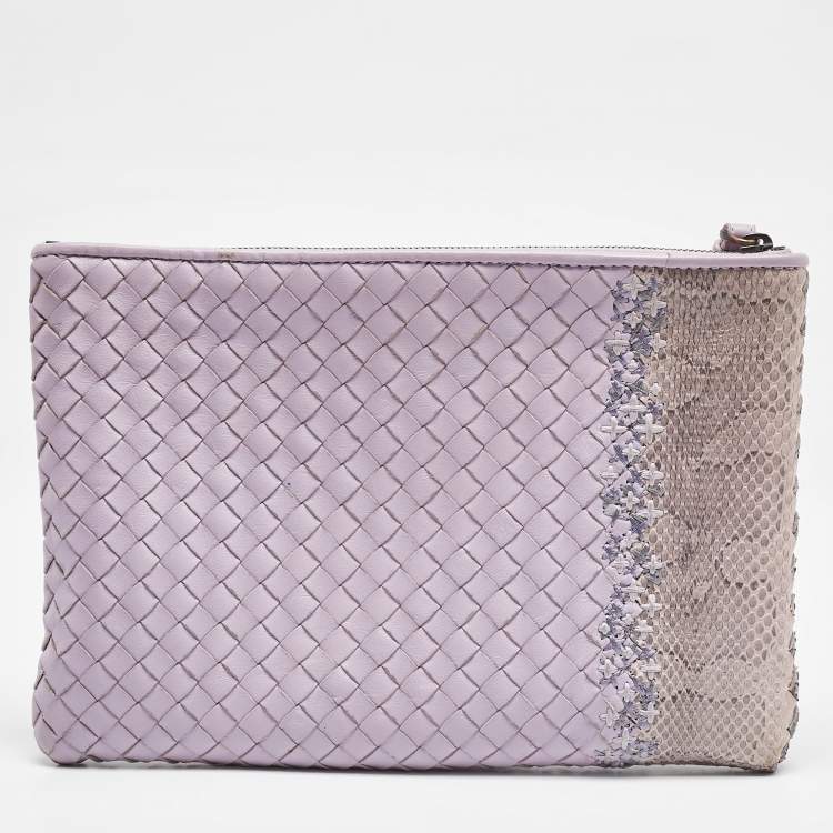 Pre Owned Bottega Veneta Lavender Ayers and Leather Wristlet Clutch