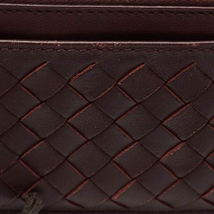 Pre Owned Bottega Veneta Dark Brown/Red Intrecciato Leather Zip Card Case