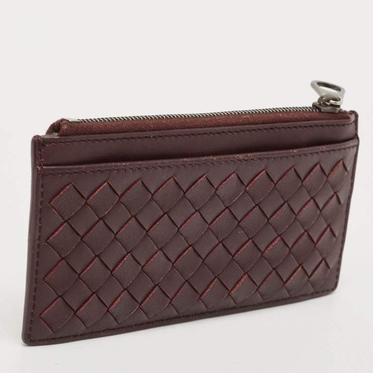 Pre Owned Bottega Veneta Dark Brown/Red Intrecciato Leather Zip Card Case