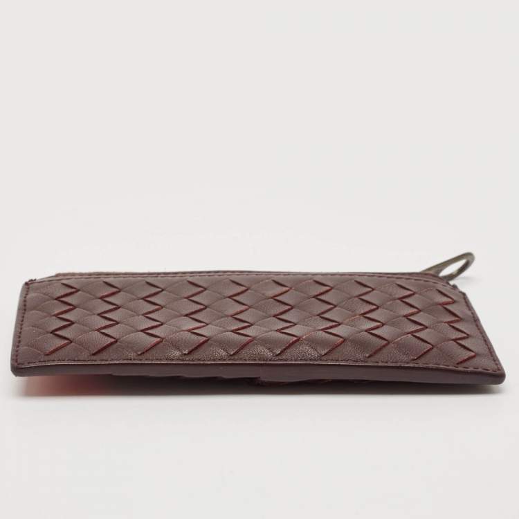 Pre Owned Bottega Veneta Dark Brown/Red Intrecciato Leather Zip Card Case