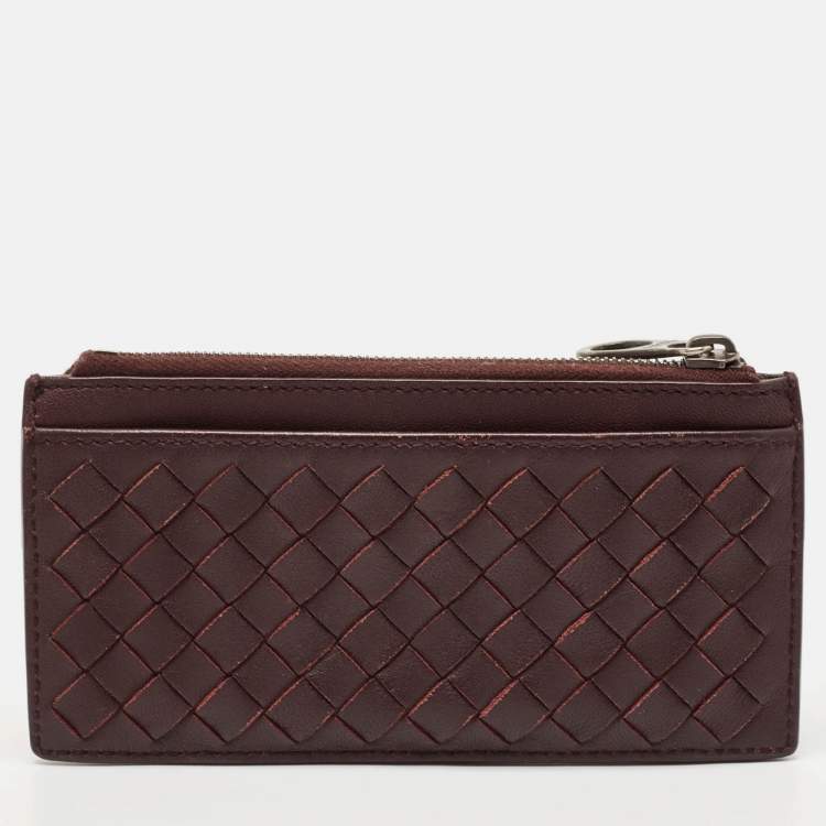 Pre Owned Bottega Veneta Dark Brown/Red Intrecciato Leather Zip Card Case
