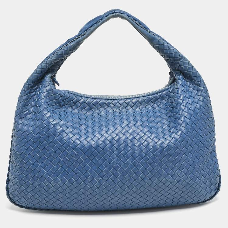 Pre Owned Bottega Veneta Blue Intrecciato Leather Large Veneta Hobo