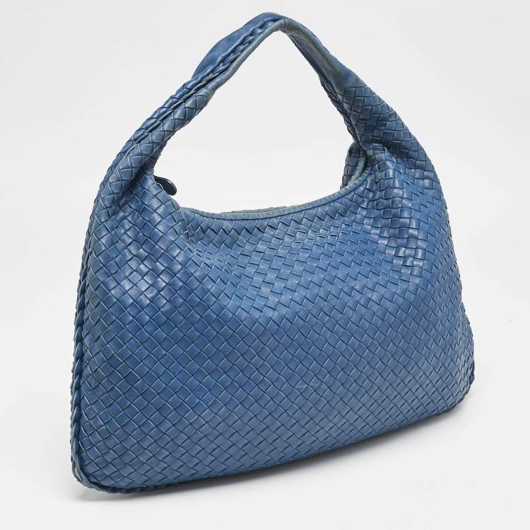 Pre Owned Bottega Veneta Blue Intrecciato Leather Large Veneta Hobo