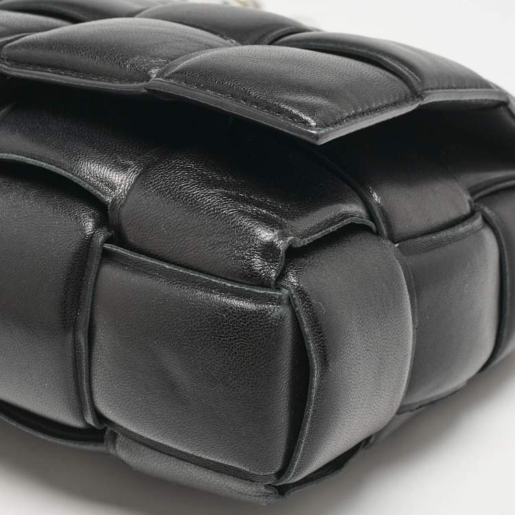 Pre Owned Bottega Veneta Black Intreccio Leather Padded Cassette Flap Shoulder Bag