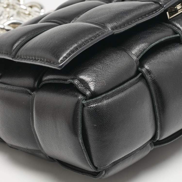 Pre Owned Bottega Veneta Black Intreccio Leather Padded Cassette Flap Shoulder Bag