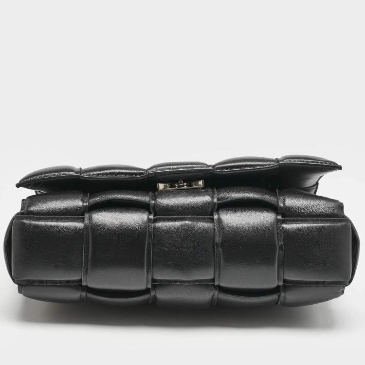 Pre Owned Bottega Veneta Black Intreccio Leather Padded Cassette Flap Shoulder Bag