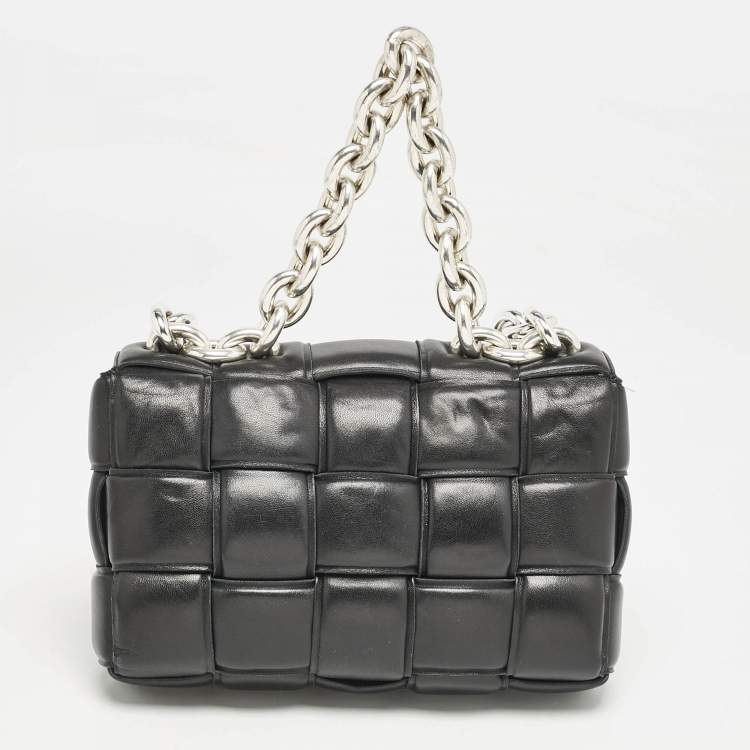 Pre Owned Bottega Veneta Black Intreccio Leather Padded Cassette Flap Shoulder Bag