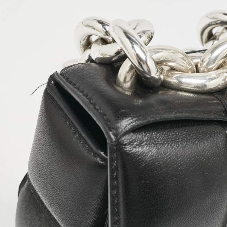 Pre Owned Bottega Veneta Black Intreccio Leather Padded Cassette Flap Shoulder Bag