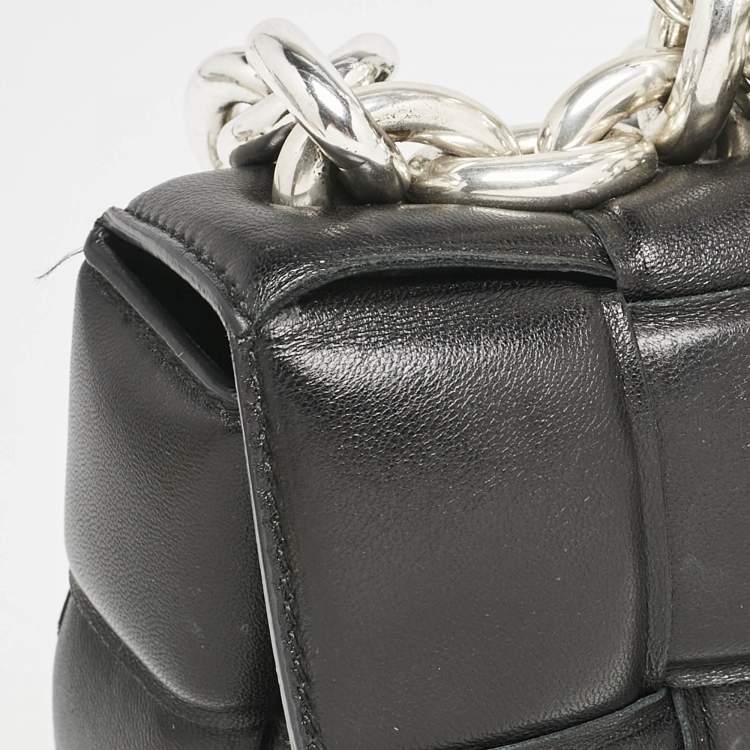 Pre Owned Bottega Veneta Black Intreccio Leather Padded Cassette Flap Shoulder Bag