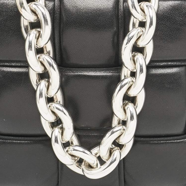 Pre Owned Bottega Veneta Black Intreccio Leather Padded Cassette Flap Shoulder Bag