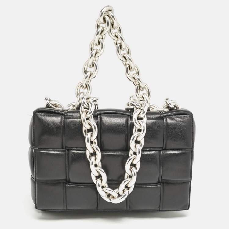 Pre Owned Bottega Veneta Black Intreccio Leather Padded Cassette Flap Shoulder Bag