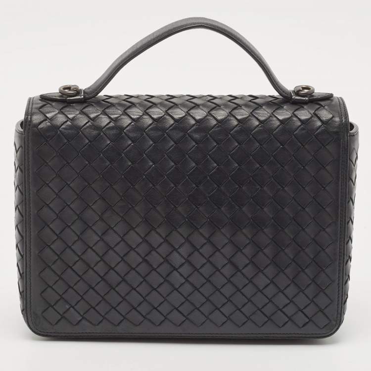 Pre Owned Bottega Veneta Black Intrecciato Leather Alumna Top Handle Bag