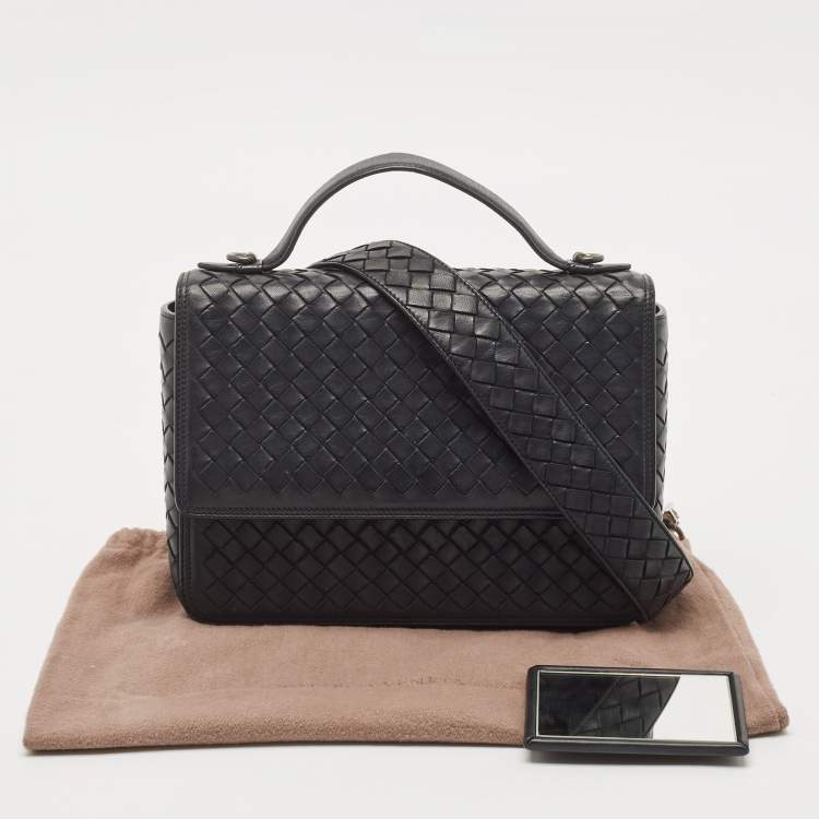 Pre Owned Bottega Veneta Black Intrecciato Leather Alumna Top Handle Bag