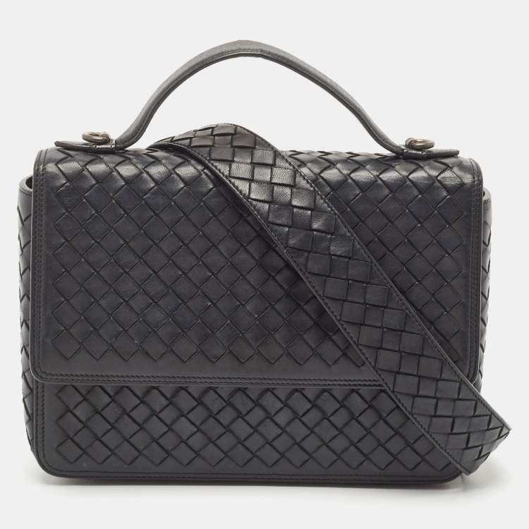 Pre Owned Bottega Veneta Black Intrecciato Leather Alumna Top Handle Bag
