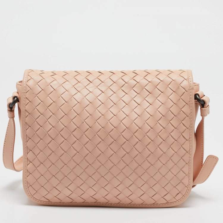 Pre Owned Bottega Veneta Peach Intrecciato Leather Flap Crossbody Bag