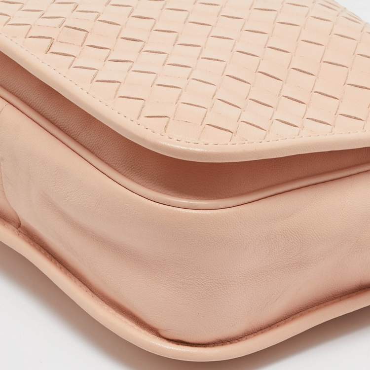 Pre Owned Bottega Veneta Peach Intrecciato Leather Flap Crossbody Bag