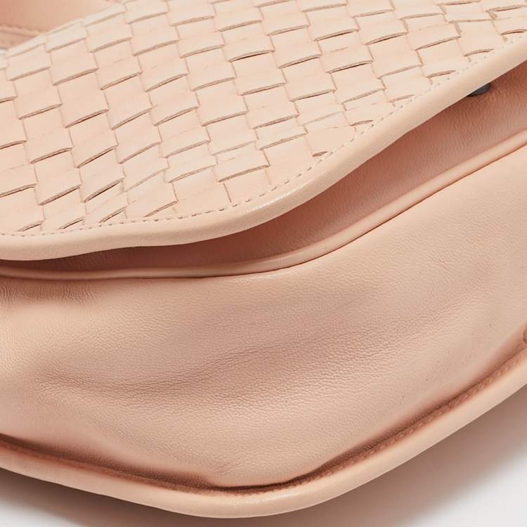 Pre Owned Bottega Veneta Peach Intrecciato Leather Flap Crossbody Bag