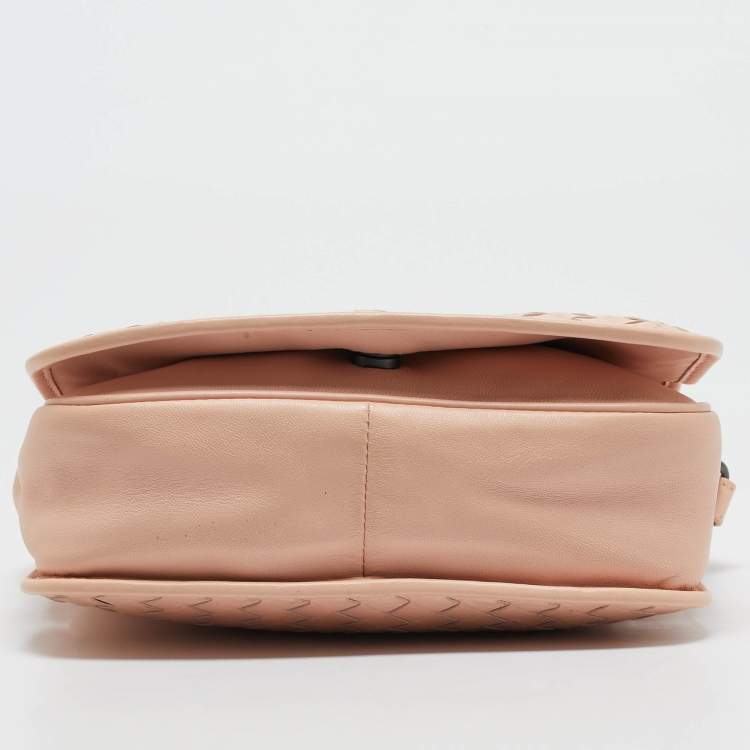 Pre Owned Bottega Veneta Peach Intrecciato Leather Flap Crossbody Bag