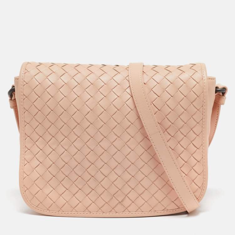 Pre Owned Bottega Veneta Peach Intrecciato Leather Flap Crossbody Bag