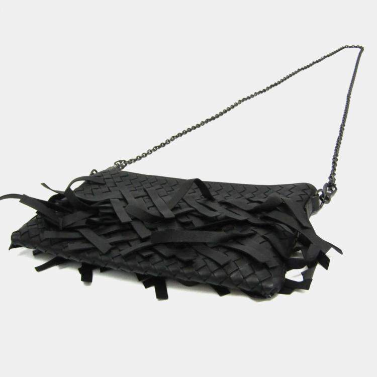 Pre Owned Bottega Veneta Black Intrecciato Fringed Leather Chain Shoulder Bag