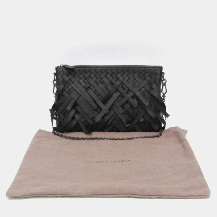 Pre Owned Bottega Veneta Black Intrecciato Fringed Leather Chain Shoulder Bag