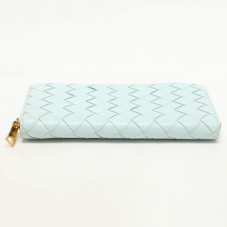 Pre Owned Bottega Veneta Blue Intrecciato Leather Zip Around Wallet