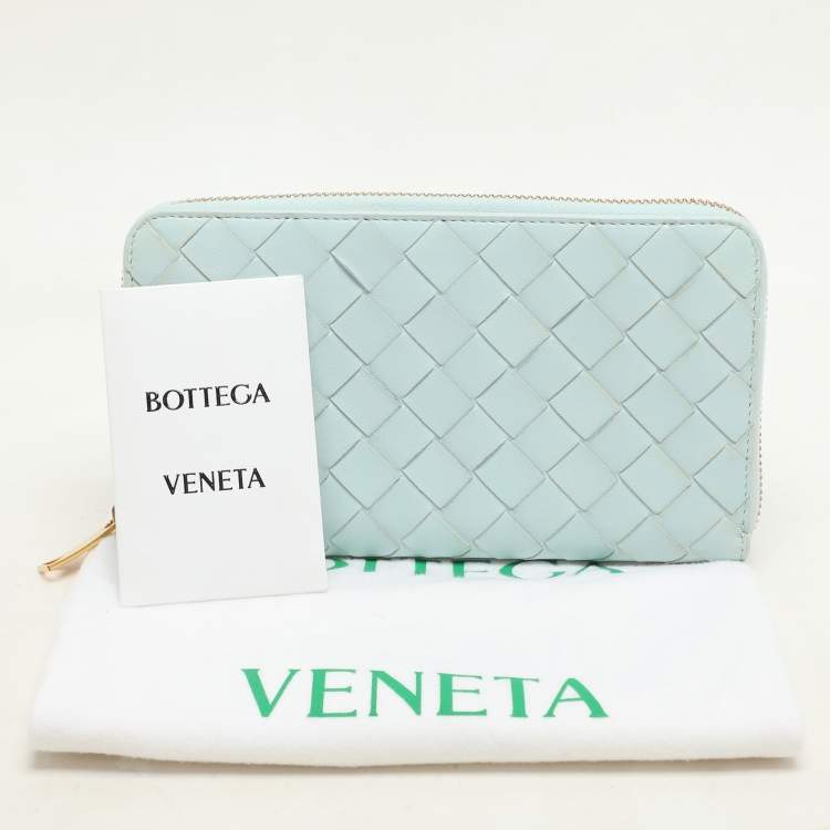 Pre Owned Bottega Veneta Blue Intrecciato Leather Zip Around Wallet